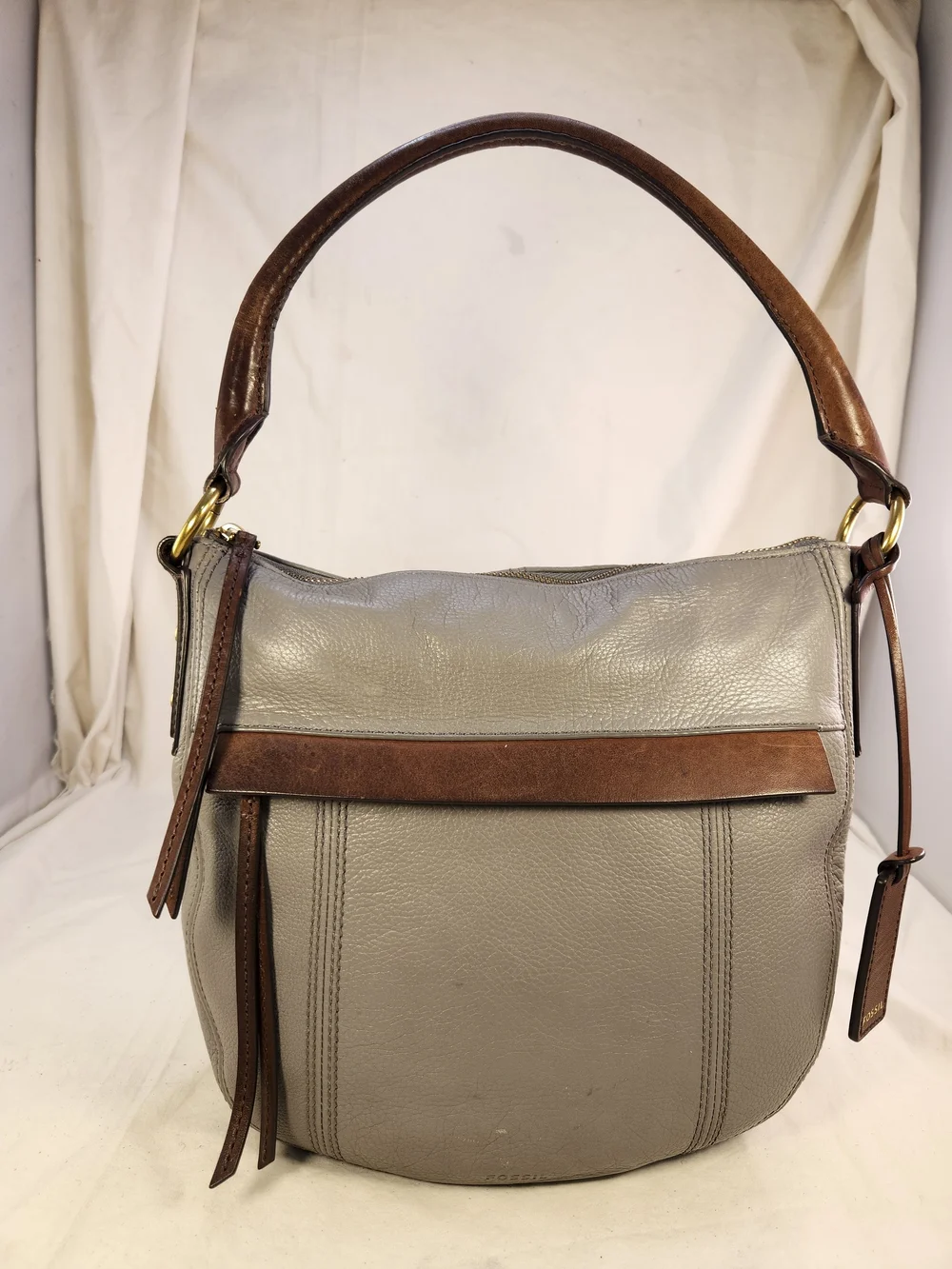 FOSSIL PEBBLED LEATHER GRAY BROWN HAND SHOULDER BAG PURSE EUC